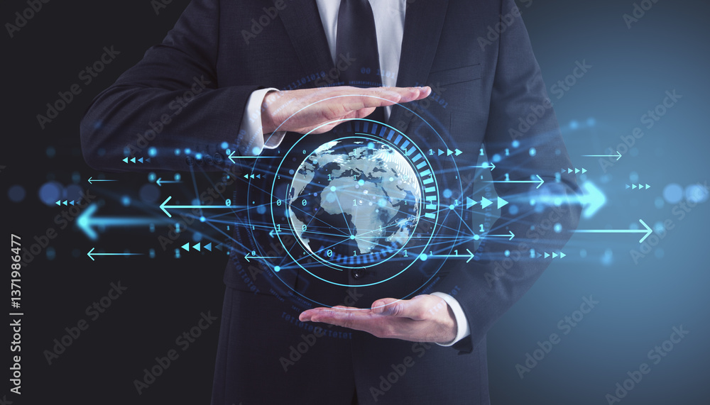 Poster businessman holding holographic digital globe with data arrows on blue background representing globa