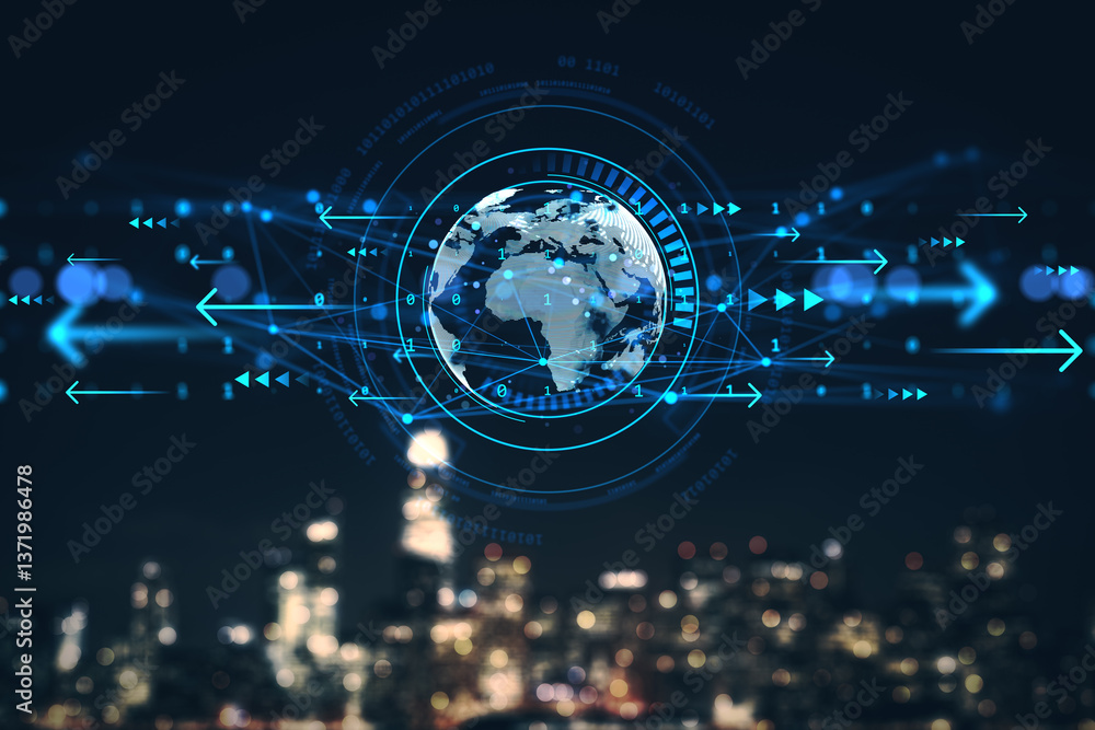 Poster Futuristic digital world map hologram with data flow and global network overlay on cityscape skyline background at night.