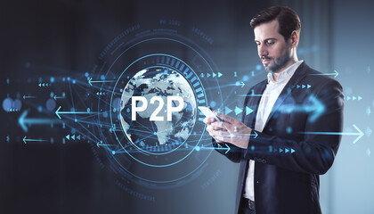 Businessman using smartphone with P2P technology concept and global network data connections on futuristic light background with digital elements.