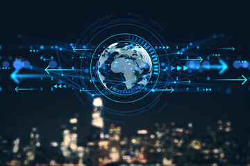 Futuristic digital world map hologram with data flow and global network overlay on cityscape skyline background at night.
