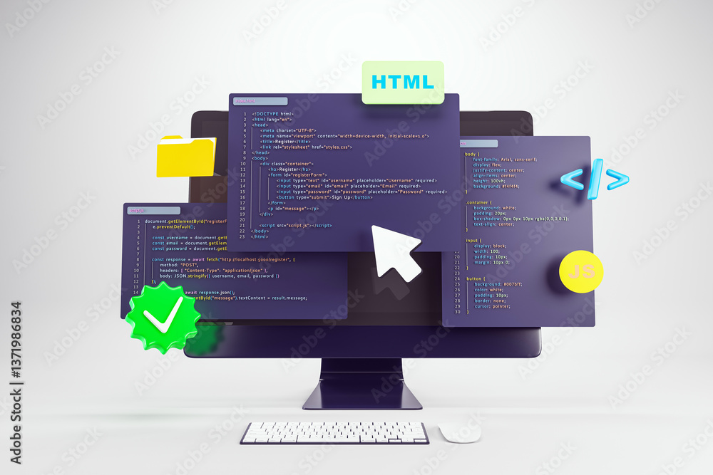 Leinwandbilder 3D rendering of computer screen with floating HTML, CSS, and JavaScript code elements symbolizing online programming and web development concept. 3D Rendering