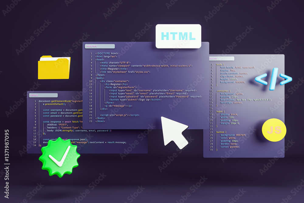 Leinwandbilder Creative 3D rendering of HTML, CSS, and JavaScript code snippets with modern icons on a dark background representing web development concepts. 3D Rendering