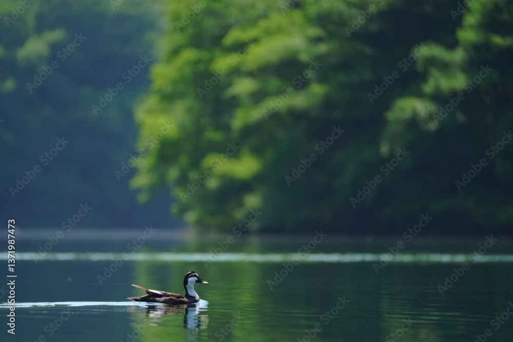 Poster a duck swimming in a lake with trees in the background