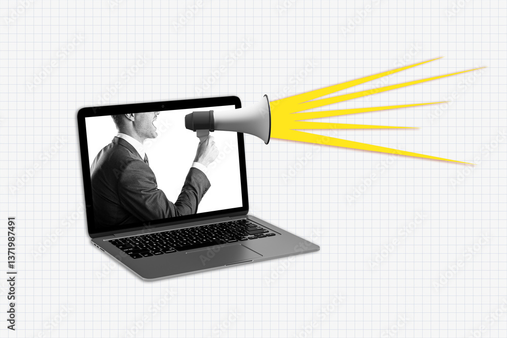 Poster businessman shouting through megaphone from laptop screen with yellow sound rays on light grid backg