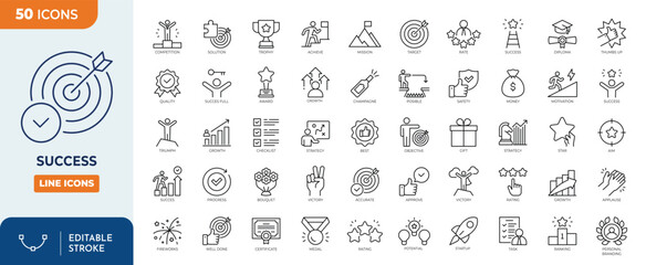 Success icon set. Containing target, achievement, strategy, motivation, winner, mission, competition, aim, progress, and more. Outline Icon Collection. Vector illustration. Editable stroke	