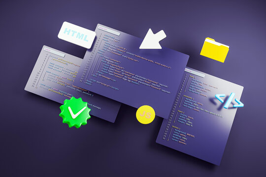 Coding interface with HTML, CSS, and JavaScript code snippets floating over a dark background with icons and symbols in creative display. 3D Rendering