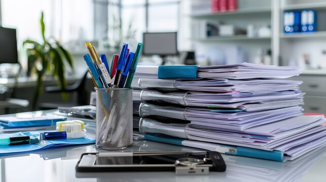 Office organization tips maximizing desk space for productivity modern workspace photography bright environment top-down view