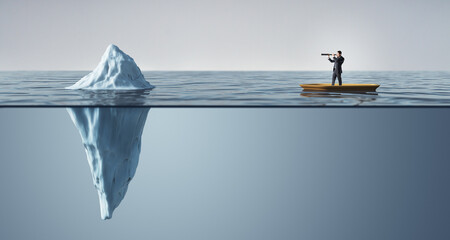 Businessman on a boat looking at an iceberg with a telescope, symbolizing hidden risks and...