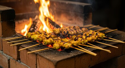 Delicious Grilled Chicken Satay Skewers Cooking Over a Burning Fire in a Brick Oven