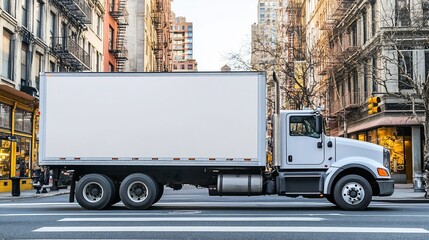 Blank Box Truck on City Street Delivery Service