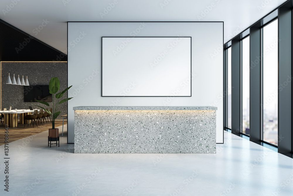 Poster modern reception office interior with terrazzo counter, blank poster frame on wall, city view throug