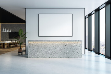 Modern reception office interior with terrazzo counter, blank poster frame on wall, city view through windows, and clean business layout.. 3D Rendering
