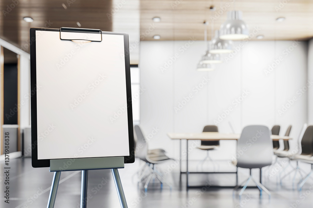Poster blank flipchart stand in modern conference room. 3d rendering