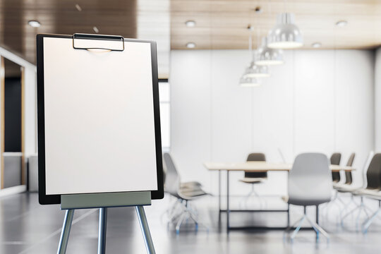Blank flipchart stand in modern conference room. 3D Rendering