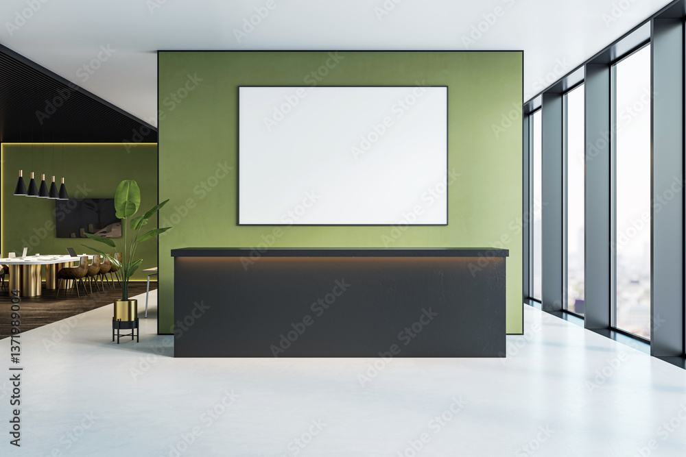 Poster modern office interior with blank poster frame above black reception desk in front of green wall and