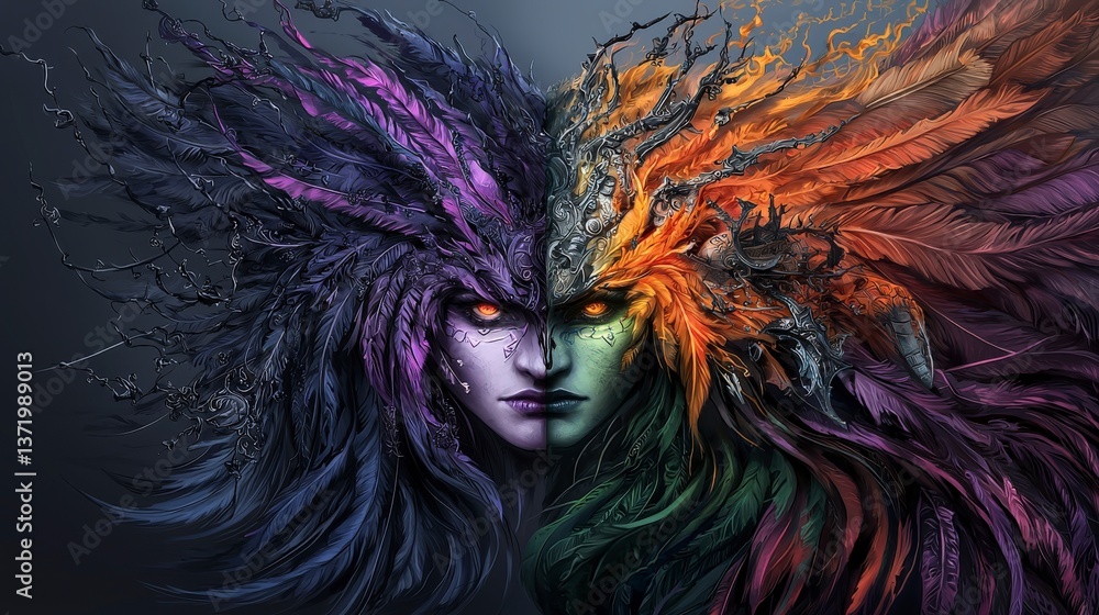 Poster duality of nature fantasy art of two faces digital canvas dark environment surreal viewpoint emotion