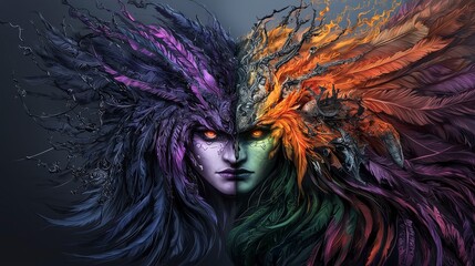 Obraz premium Duality of nature fantasy art of two faces digital canvas dark environment surreal viewpoint emotion concept