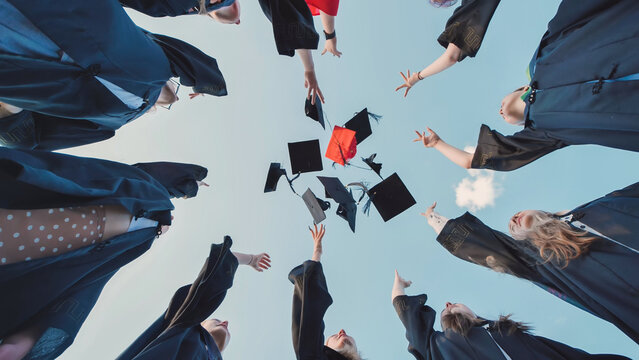 Group of graduates tossing their graduation caps into the air against a blue sky, celebrating the end of their studies