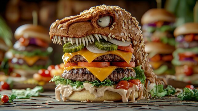 Dinosaur burger showdown kitchen food photography playful atmosphere close-up view culinary creativity