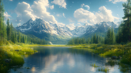 Fototapeta premium A beautiful mountain landscape with a large body of water in the foreground