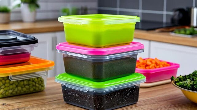 Colorful food storage containers arranged on a kitchen countertop for meal prep organization and food storage