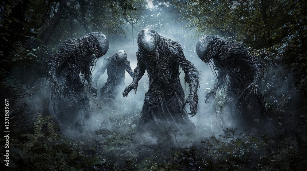 Poster dark creatures ascend in enigmatic forest atmospheric photography mysterious setting eerie perspecti