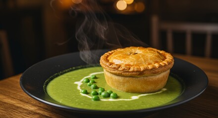 Delicious Savory Pie Served with Green Pea Soup and Fresh Peas in a Restaurant