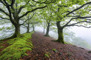 Naklejka premium misty forest path lined with lush green trees and mossy ground creates enchanting atmosphere