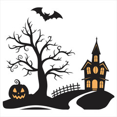 Spooky night vector art with a haunted house silhouette, pumpkin, and bats against a dark Halloween moon