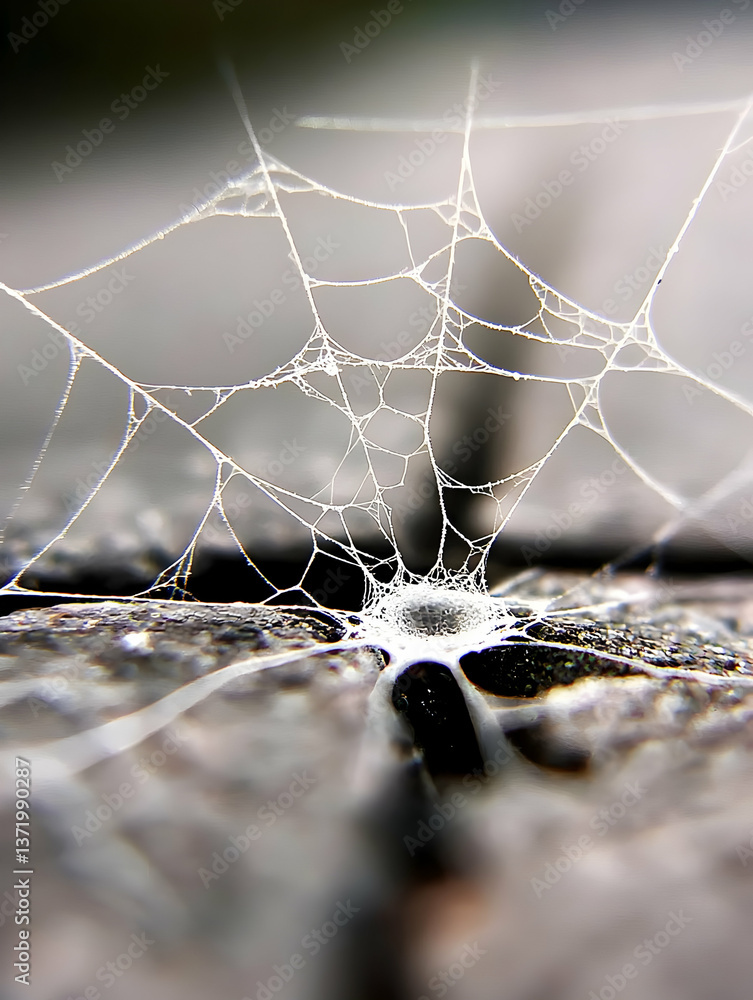Poster close up of a dew-covered spiderweb on a dark surface