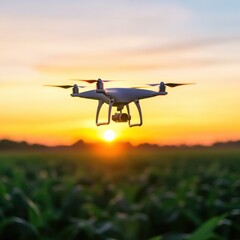 Drone flies over field at sunset