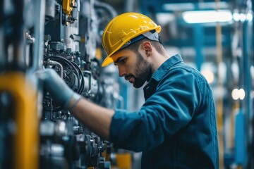 Man in hardhat inspecting factory machinery carefully. Use it to illustrate engineering, manufacturing, or safety.