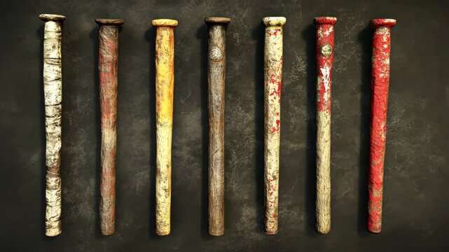 Collection of rustic baseball bats displayed against a dark textured background in an artistic arrangement