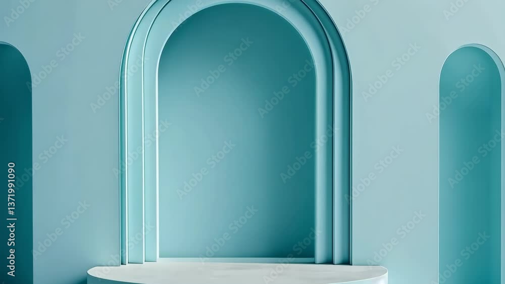 Poster visual representation of minimalistic architecture featuring blue arches and a sleek countertop in a