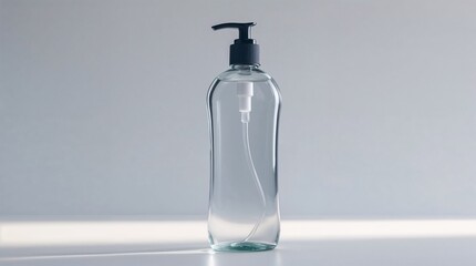 Mockup of empty transparent bottle for liquid soap, oil, shampoo or cream with dispenser. Cosmetics container design.