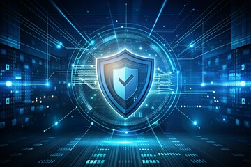 A glowing shield of digital protection, ensuring online security in a futuristic technological landscape with vibrant blue hues.