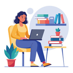 a woman is using his laptop sitting on a chair looking in the laptop  colourful vector on a white background