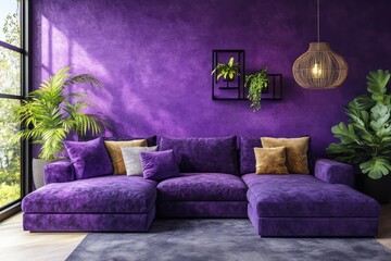 Purple living room showcases a stylish couch and green plants