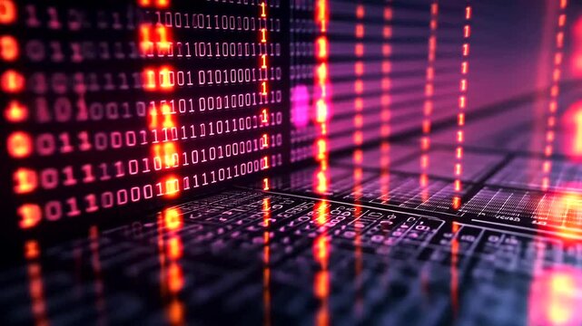 Abstract digital data stream with binary code reflecting on a surface, illustrating technology and innovation