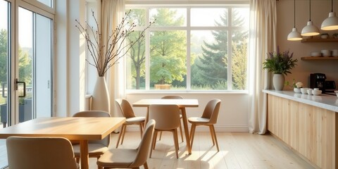 Fototapeta premium Bright sunlight streams through large windows illuminating a minimalist dining area with light wood tables and chairs