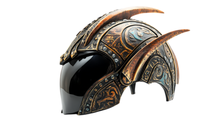 A detailed cosplay prop helmet with a fantasy design, adorned with engraved motifs, horn-like projections, and a futuristic visor, on a white background, high resolution PNG