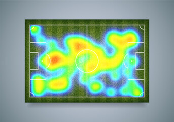 Heat map on soccer field. Player movement data. Vector illustration.