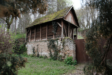 Rustic wooden barn with moss-covered roof and brick base, located in Dvorska Bašta, Sremski Karlovci, Serbia. Surrounded by forest, representing traditional Balkan rural architecture.