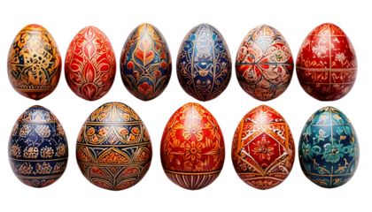 A collection of colorful, hand-painted Easter eggs with intricate floral and geometric patterns, isolated on transparent background png