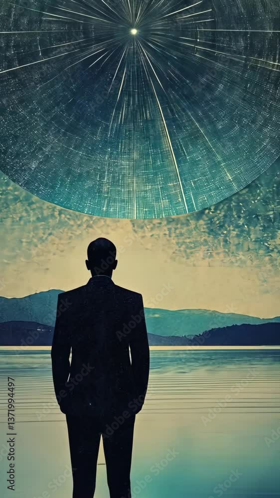Poster mysterious figure gazes at celestial object over tranquil lake at dusk