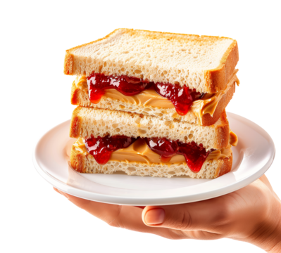 Hand holding Peanut Butter Sandwich with peanut butter spread between two slices of bread isolated on white transparent background, perfect for a healthy meal.