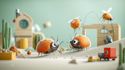 Cute ladybug figurines in a whimsical desert landscape