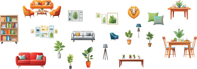 Furnishing: A vibrant collection of stylish furniture and decor elements, including comfy sofas, armchairs, bookshelves, tables, and decorative plants, suggesting cozy interiors and inviting spaces.