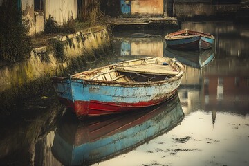 Obraz premium Rusty boats floating in canal, reflecting in calm water with old buildings and cloudy sky