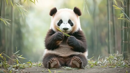 Fototapeta premium Cute Panda Cub Eats Bamboo